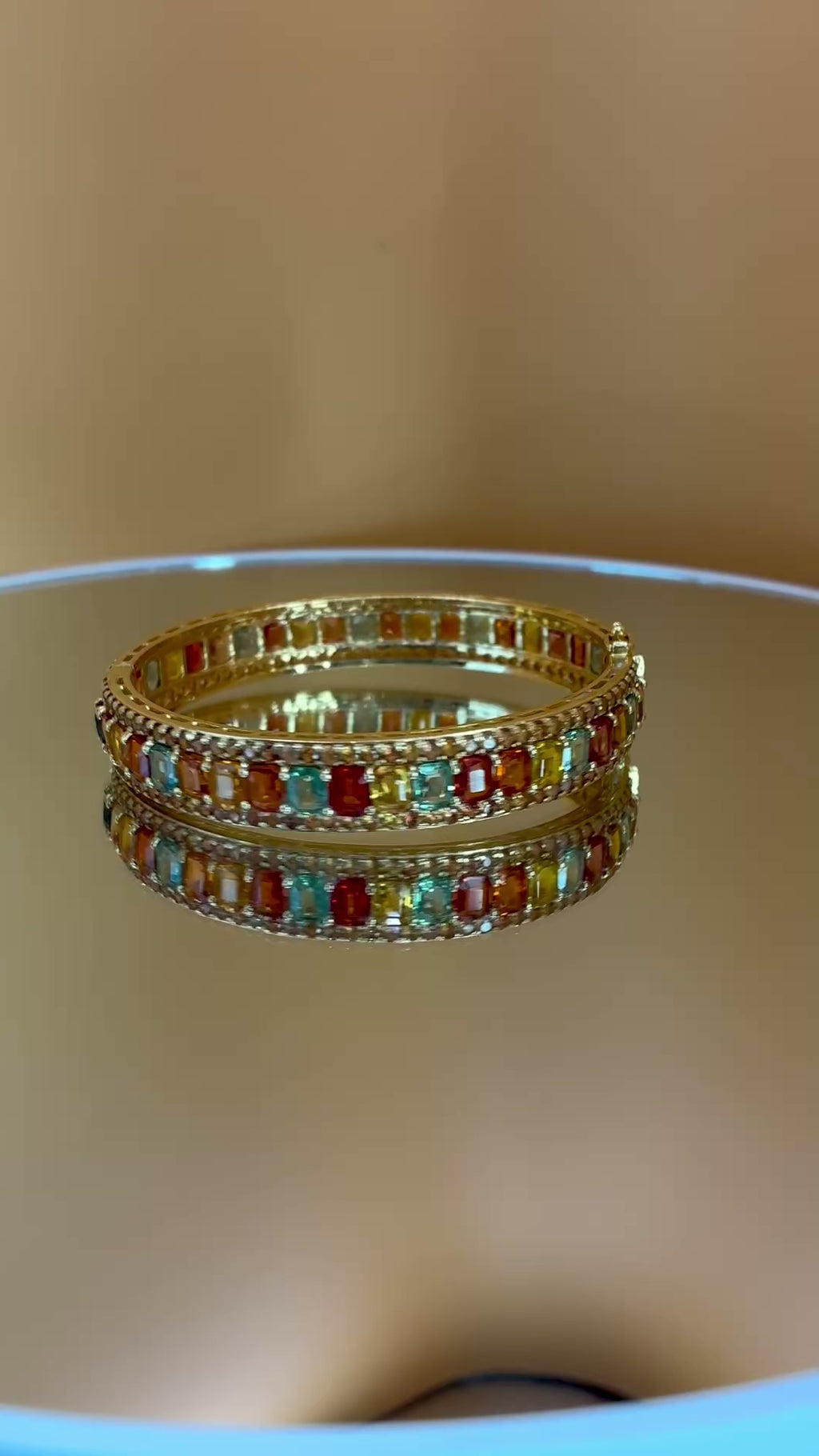 Green And Yellow Sapphire Emerald Cut 12K Gold Bangle Bracelet Size 6.5"