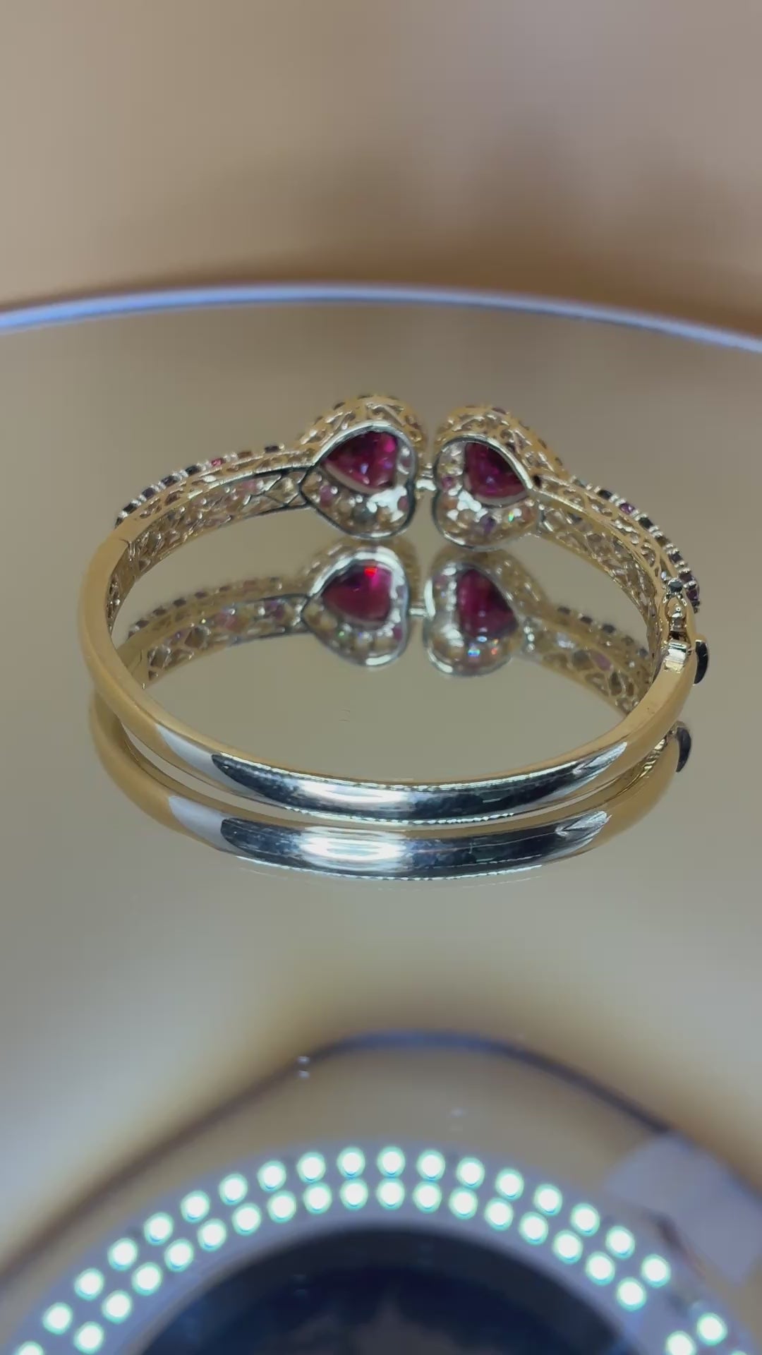 9.78 CT Red Garnet Heart Cut Mix With Multi Color Sapphire 12K Gold Bangle Bracelet. Size 6.