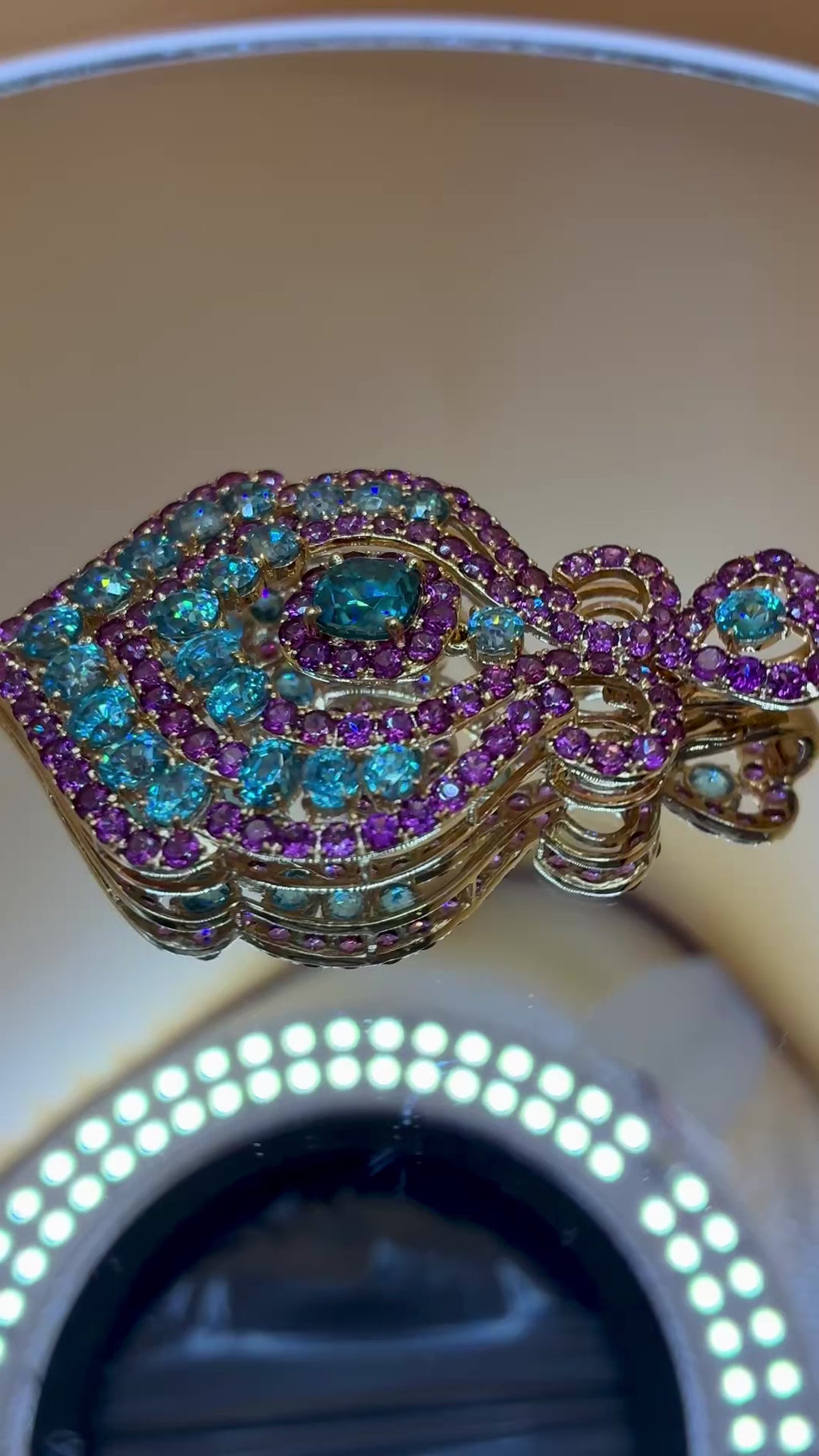 Cambodia Blue Zircon Mix With Purple Garnet Pendant 12K Gold 2.5"x1.5"