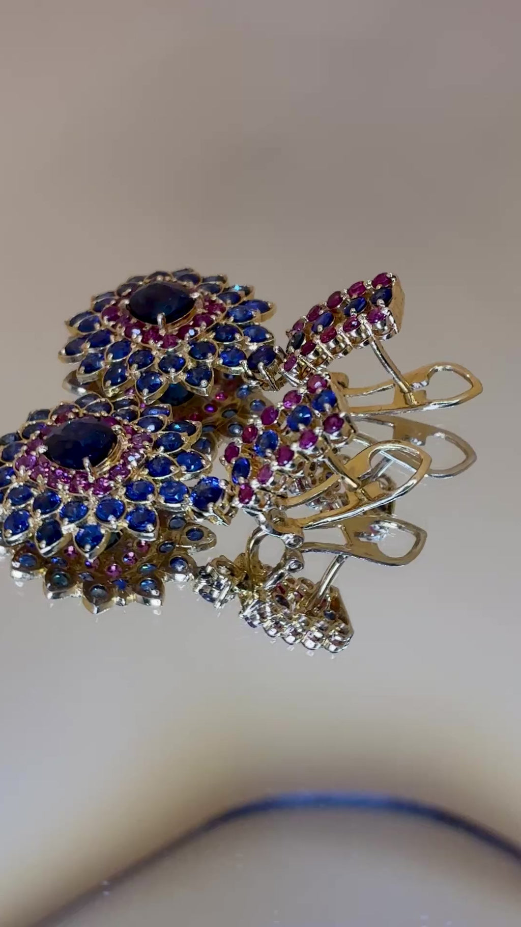 Blue Sapphire Mix With Ruby 18K Gold Drop Earring 1.5"x .3/4"