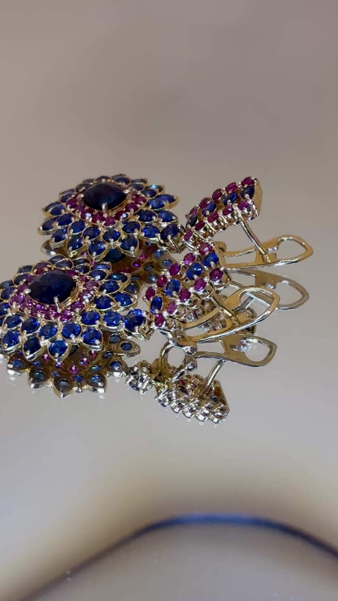 Blue Sapphire Mix With Ruby 18K Gold Drop Earring 1.5"x .3/4"