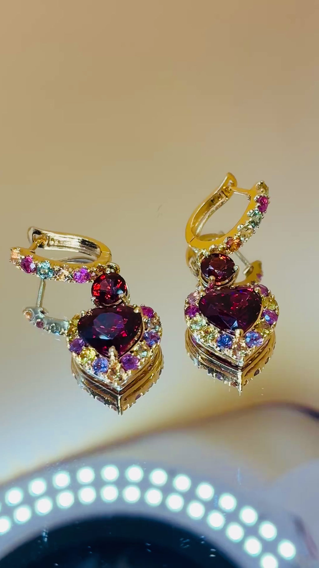 5.45 CT Garnet Mix With Multi Sapphire. 12K Gold Earring.