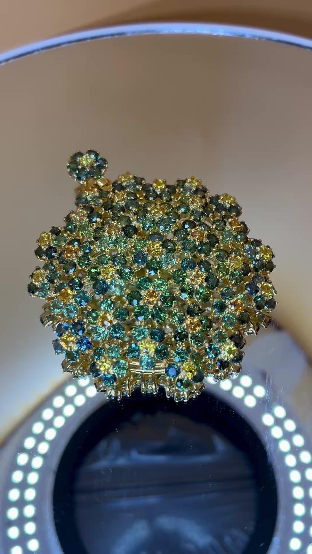Brilliant Clarity Green And Yellow Sapphire And Green Sapphire Gold Plated Pendant.Size 2.5"x2"