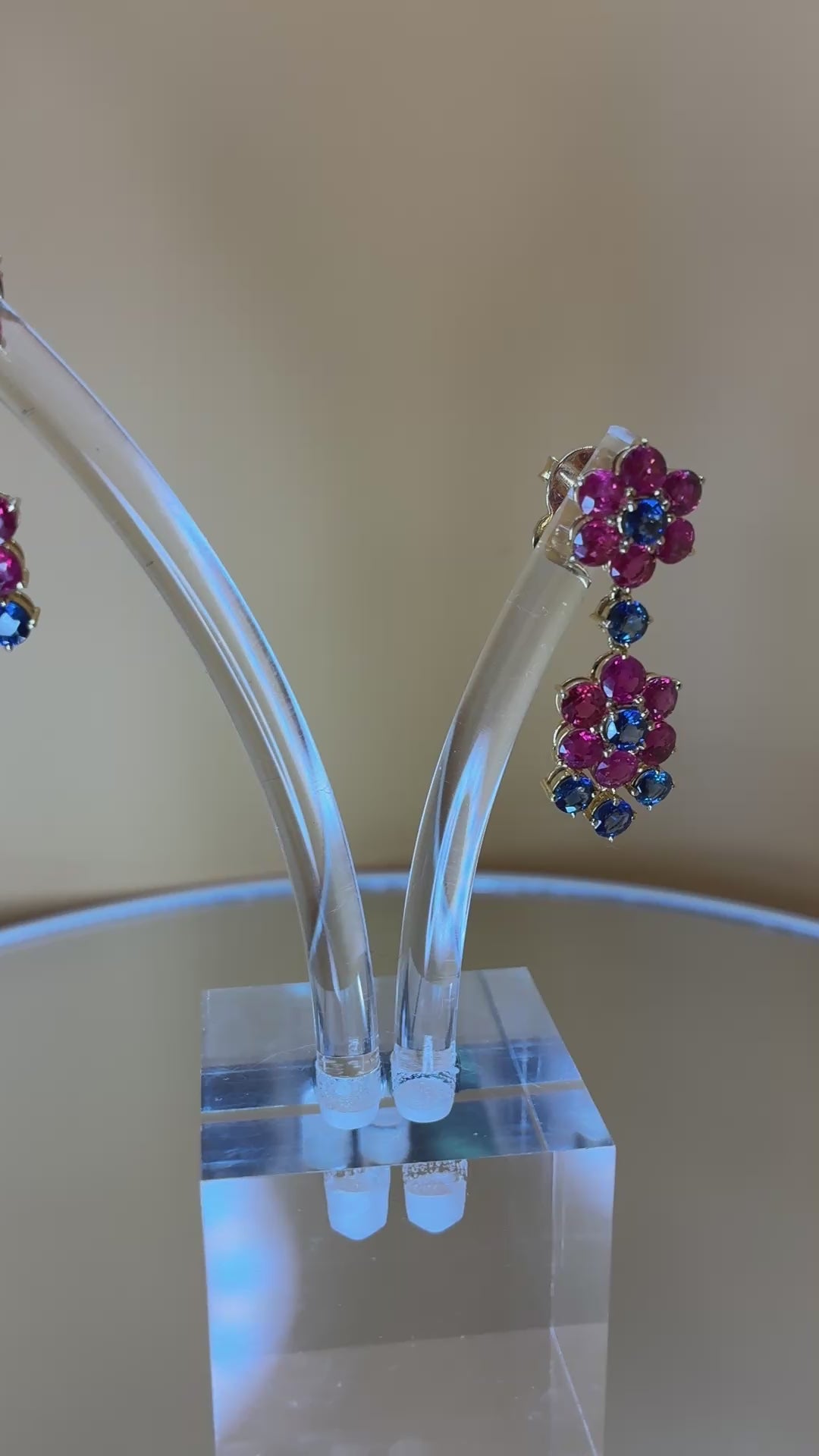 Pinkish-Red Ruby And Deep Blue Sapphire Drop Earring 12K Gold ( Size 1.1/4"x .5")
