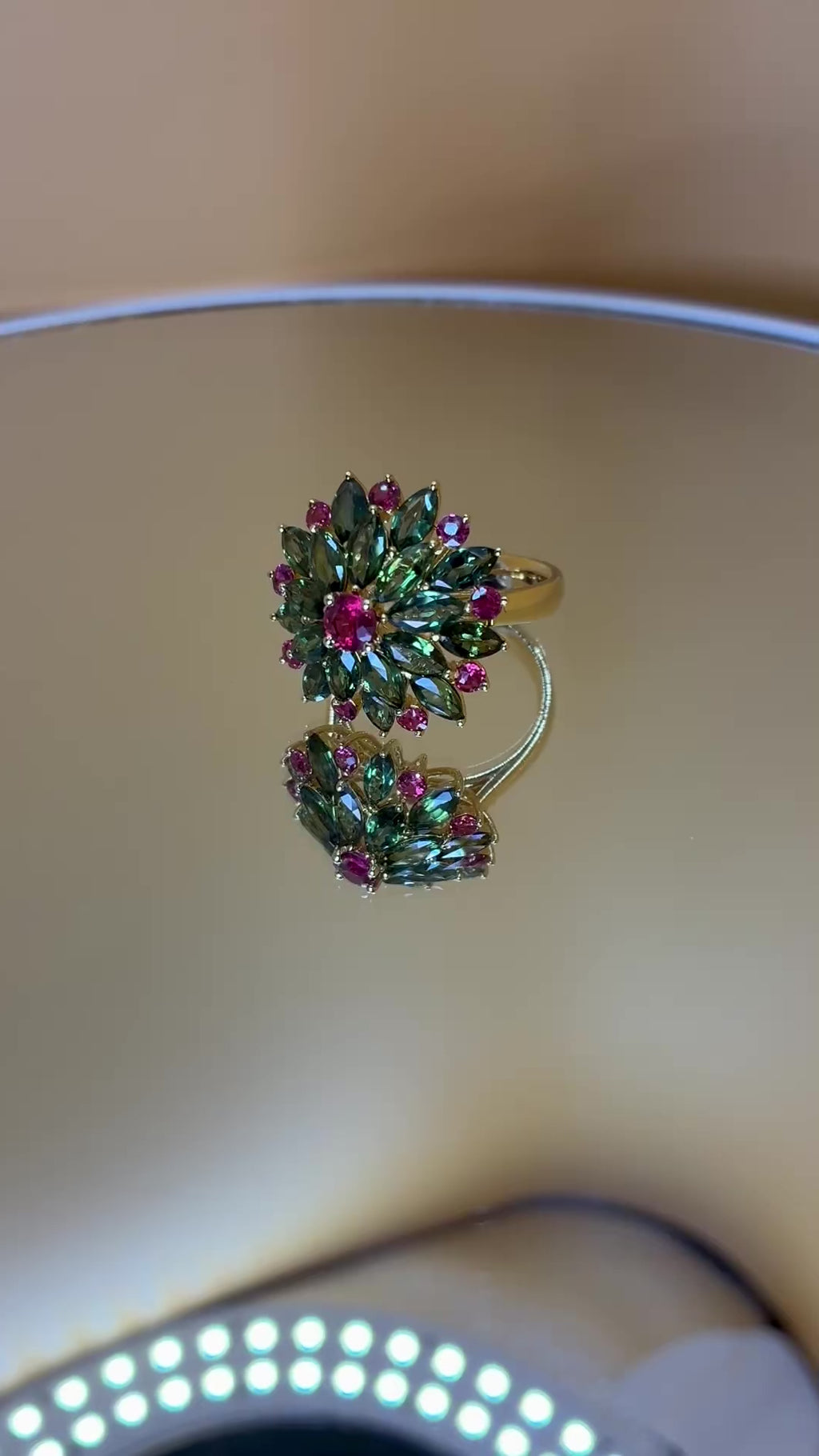 Pink/Red Ruby And Green Sapphire Ring Size 5.5 17K Gold.