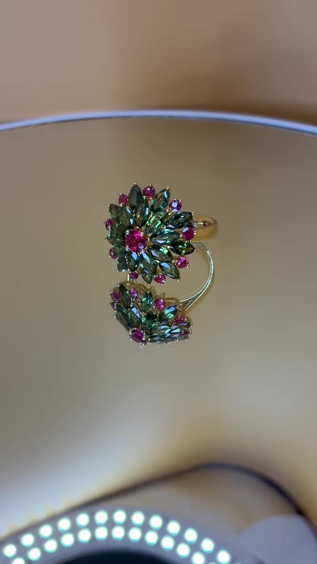 Pink/Red Ruby And Green Sapphire Ring Size 5.5 17K Gold.