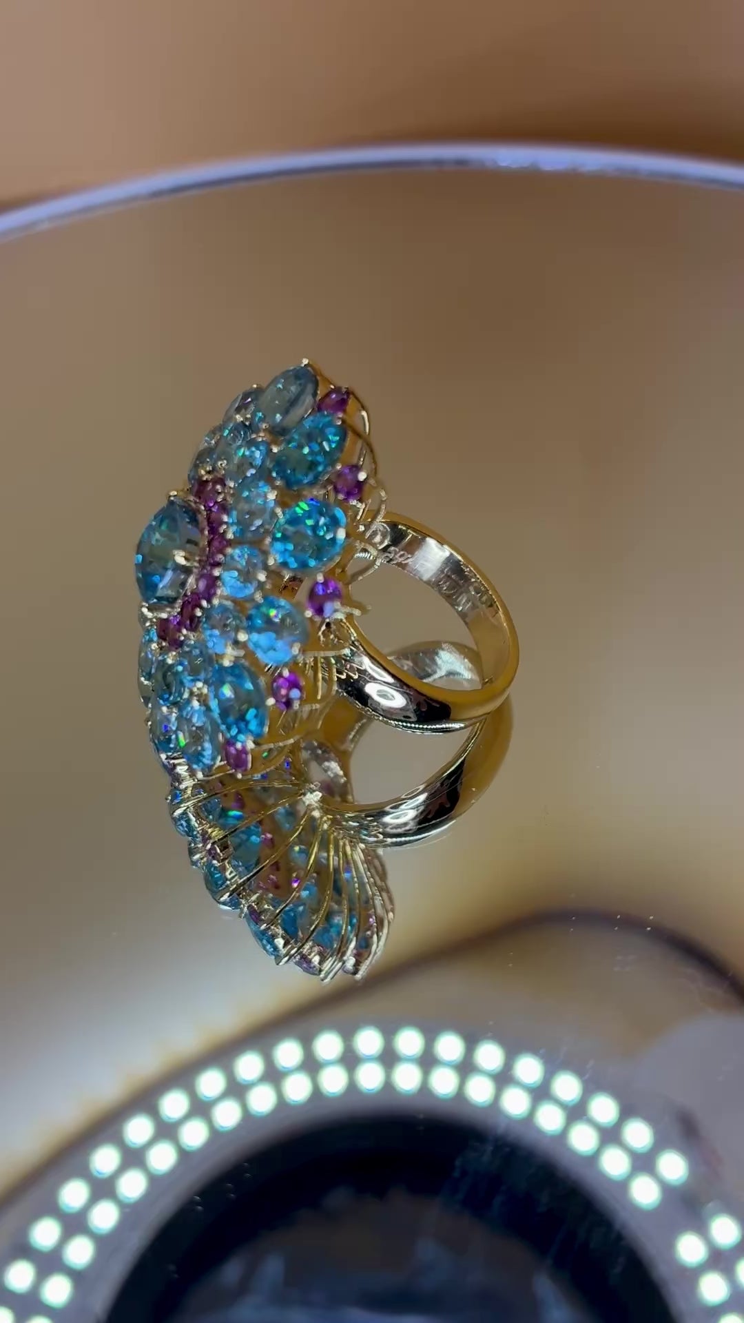 Center Gemstone 2.20 CT Cambodia Blue Zircon Mix With Purple/Pink Garnet Ring Size 6 12K Gold.