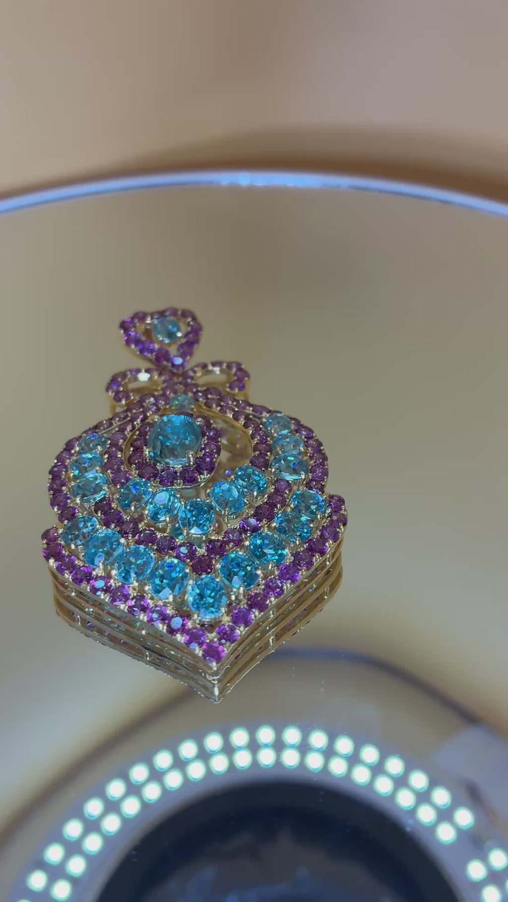 Cambodia Blue Zircon Mix With Purple Garnet Pendant 12K Gold 2.5"x1.5"